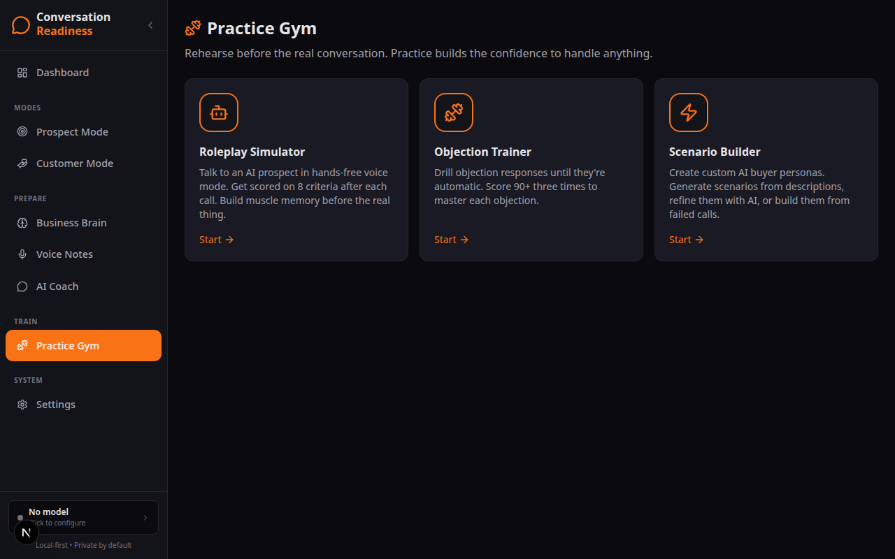 Call Forge practice screen showing AI buyer roleplay with real-time scoring